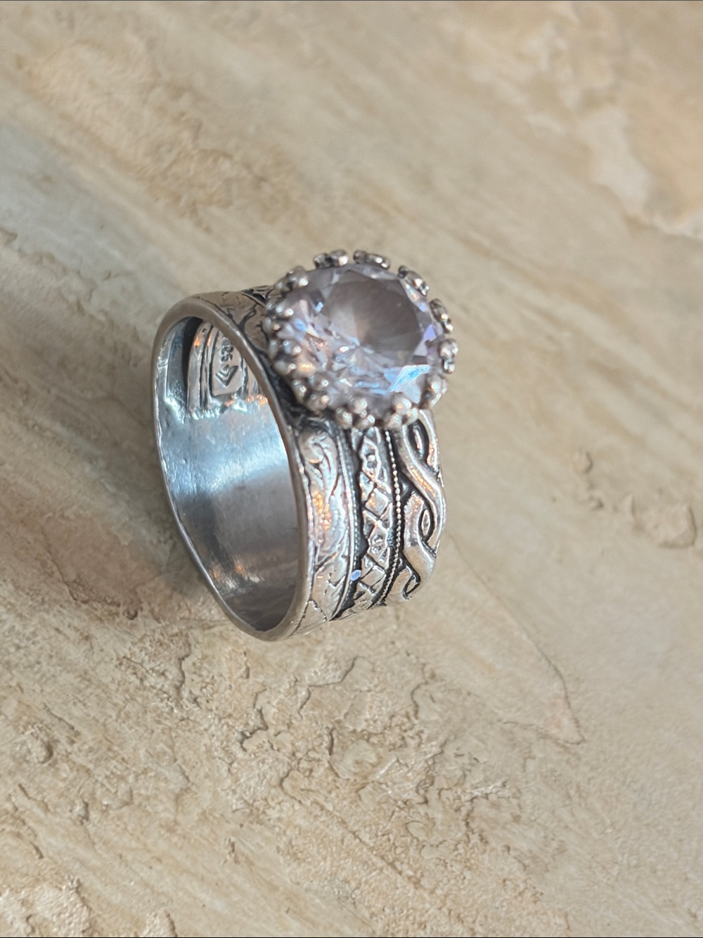 Silpada Sterling Silver Filigree Band Ring with Clear Round Stone